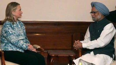 Mr Singh meets then US secretary of state Hillary Clinton in New Delhi, in 2012.