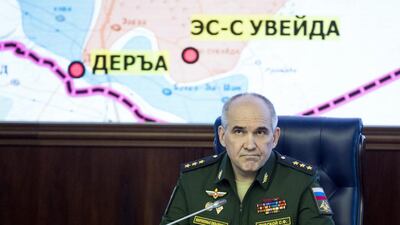General Sergei Rudskoi of the Russian general staff speaks to the media about planned ‘de-escalation zones’ in Syria at the defence ministry in Moscow on May 5, 2017. Pavel Golovkin / AP Photo