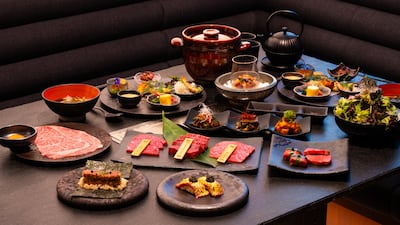 The 12-course ultimate set menu, for Dh950 per person, at Japanese yakiniku restaurant Akabeko in Palm Jumeirah. Photo: Akabeko