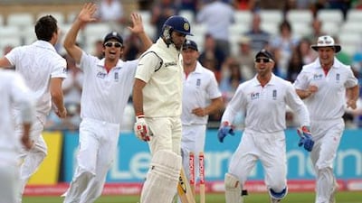 India’s vaunted batting line-up, including VVS Laxman, centre, have not done justice to their reputations in the way they have dealt with England’s bowling in the Test series so far.