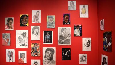 Dawn Mellor's works "Drawings of Michael Jackson" are displayed during a press preview of the exhibition "Michael Jackson: On the Wall" at the National Portrait Gallery in London, Britain, on June 27, 2018. Neil Hall / EPA