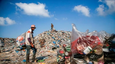 Palestinian garbage collectors sort through trash at a landfill in Gaza City. AFP