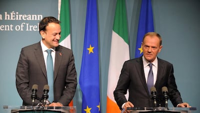 The president of the European Council Donald Tusk (R) and Irish prime minister Leo Varadkar at the Government Buildings in Dublin City, Ireland. Aidan Crawley/EPA