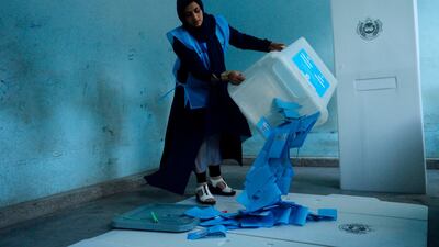 An Afghan Independent Election Commission official empties a ballot box to count ballot papers in Herat on September 28. AFP