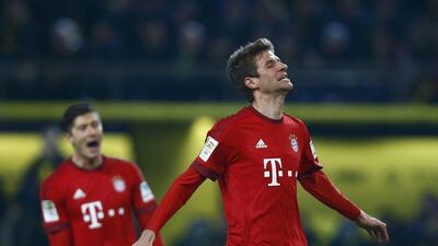 Bayern Munich's Thomas Mueller reacts during Saturday's Bundesliga contest against Borussia Dortmund. Wolfgang Rattay / Reuters / March 5, 2016