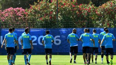 Italy’s players attend a training session at Italy’s training ground in Montpellier on July 1, 2016 on the eve of the Euro 2016 quarter-final football match between Germany and Italy. Vincenzo Pinto / AFP