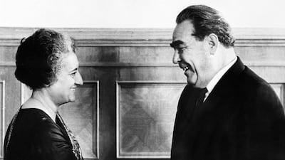 Indian prime minister Indira Gandhi (1966-1977, 1980-1984) with Soviet leader Leonid Brezhnev on a visit to Moscow in September 1971. Non-aligned nation India almost brought the US and Soviet Union to blows through a counter-attack on Pakistan in 1971. AFP / TASS / STF.
