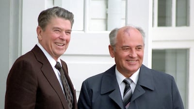 Meeting between US President Ronald Reagan and Russian leader Mikhail Gorbachev at the historic 1986 Reagan-Gorbachev summit in Reykjavik, Iceland. Universal History Archive / UIG via Getty Images