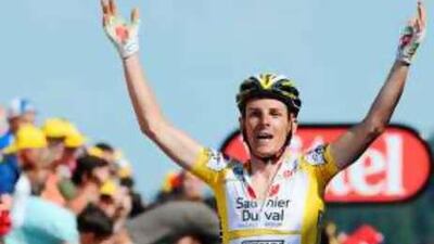 The Italian rider Riccardo Ricco celebrates winning the sixth stage of the Tour de France last night.