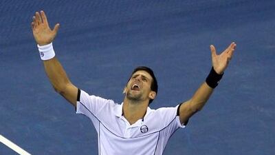 NEW YORK, NY - SEPTEMBER 12: Novak Djokovic of Serbia reacts after he won match point against Rafael Nadal of Spain during the Men's Final on Day Fifteen of the 2011 US Open at the USTA Billie Jean King National Tennis Center on September 12, 2011 in the Flushing neighborhood of the Queens borough of New York City. Chris Trotman/Getty Images/AFP== FOR NEWSPAPERS, INTERNET, TELCOS & TELEVISION USE ONLY == *** Local Caption *** 816973-01-09.jpg
