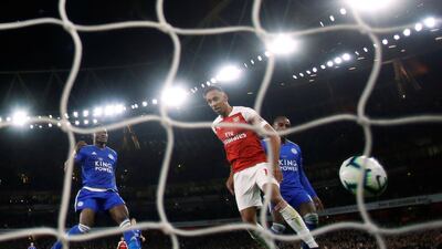 Arsenal's Pierre-Emerick Aubameyang scores their third goal against Leicester. Action Images