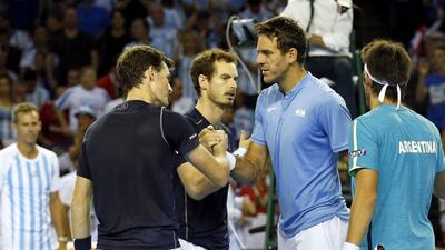 Juan Martin del Potro, second right, has played over eight hours of tennis in the past two days to help Argentina to a 2-1 lead in their Davis Cup semi-final with Great Britain. Andrew Boyers / Reuters