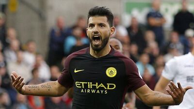 Manchester City's Sergio Aguero celebrates scoring his and his side's second goal in a 3-1 win over Swansea City at Liberty Stadium on Saturday, September 24, 2016. Andrew Couldridge / Action Images