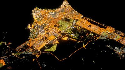 Kuwait photographed from space during the night. The Arabian Gulf is on the top right side and the Kuwait Bay is on the left.