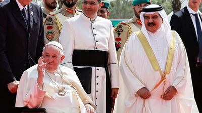 Pope Francis and Bahrain's King Hamad bin Isa Al Khalifa attend the closing ceremony of the Bahrain Forum for Dialogue: East and West for Human Coexistence at the Sakhir Palace, in Sakhir, south of Manama, Bahrain. Reuters