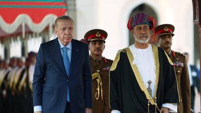 Turkish President Recep Tayyip Erdogan is welcomed by Sultan Haitham of Oman in Muscat. Getty Images