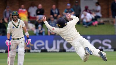 England's Ollie Pope takes a catch to dismiss Rassie van der Dussen of South Africa, during the third Test in Port Elizabeth, on Sunday, January 19. AP