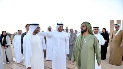 Sheikh Mohammed bin Rashid, Vice President and Ruler of Dubai, at Al Marmoom Reserve with Sheikh Maktoum bin Mohammed bin Rashid, Deputy Ruler of Dubai; and Sheikh Ahmed bin Saeed Al Maktoum (left) Chairman of Dubai Civil Aviation Authority and Chief Executive of Emirates Group. Wam