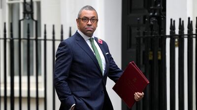 Britain's Foreign Secretary James Cleverly arrives in Downing Street to attend a Cabinet meeting in London. AP