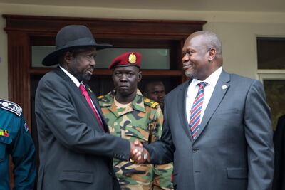 South Sudan's First Vice President Riek Machar, right, was placed under house arrest last week, with the government of President Salva Kiir, left, accusing Mr Machar of trying to stir up a rebellion. AP