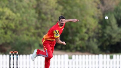 Former Zimbabwe Test player Graeme Cremer bowling for Team Abu Dhabi against Ajman Alubond in the Emirates D10 at the ICC Academy in Dubai on Friday, July 24. All images by Chris Whiteoak / The National