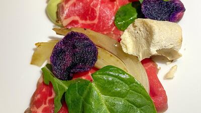 Buffalo carpaccio with fennel, celery and spinach at Social by Heinz Beck, Dubai
