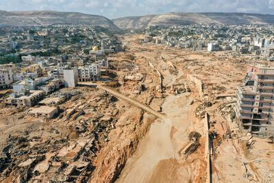 An aerial view of devastation after the floods in Derna, Libya on September 18, 2023. Getty Images