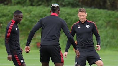 Eric Bailly, Nemanja Matic, Paul Pogba of Manchester United in action during a first team training session at Carrington Training Ground.