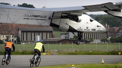 Solar Impulse 2 is built from carbon layers that weigh less than 25 gram per square metre, or one-third of the weight of a sheet of paper. Laurent Gillieron / EPA