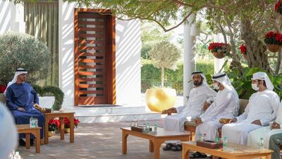 Sheikh Mohammed bin Rashid, Vice President and Ruler of Dubai, and Sheikh Mohamed bin Zayed, Crown Prince of Abu Dhabi and Deputy Supreme Commander of the Armed Forces, meet in Dubai on Monday. Seen with Sheikh Hamdan bin Mohammed, Crown Prince of Dubai, and Sheikh Maktoum bin Mohammed, Deputy Ruler of Dubai. Courtesy: Sheikh Mohammed bin Rashid Twitter