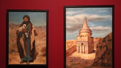 From left, Man with Goat, n.d. (circa 1940s); Pharaoh's Hat (Tomb of Absalom), n.d. (circa 1940s) by Zulfa Al Saadi. Pawan Singh / The National