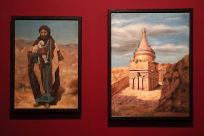 Man with Goat, left, and Pharaoh's Hat (Tomb of Absalom) by Zulfa Al Saadi. Pawan Singh / The National