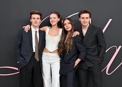 From left: Cruz Beckham, Nicola Peltz Beckham, Victoria Beckham and Brooklyn Peltz Beckham. Brooklyn and Nicola have cut off all contact with the Beckham family. FilmMagic