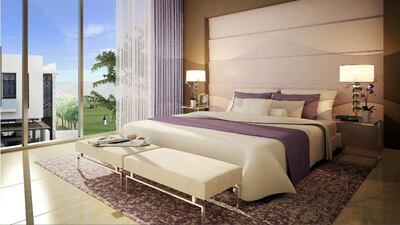 A rendering of a master bedroom in a townhouse in the Akoya development. Courtesy Damac