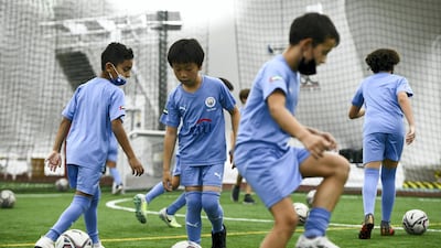 Manchester City Football-AD Manchester City Football club practices for the Champions League next weekend at the OfficerÕs Club Indoor Club on May 23, 2021. Khushnum Bhandari / The National Reporter: Gillian Duncan News