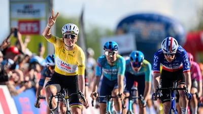 UAE Team Emirates-XRG's Tadej Pogacar celebrates his second consecutive stage win at the Tour de Romandie. AFP