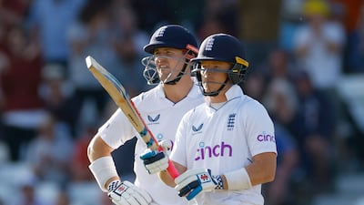 England's Ollie Pope celebrates reaching his half century in the second Test against New Zealand at Trent Bridge. Action Images