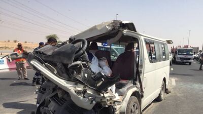 This accident in 2018 left three people dead when a minibus collided with the back of a lorry. Such accidents continue to cost lives. Photo: Dubai Police