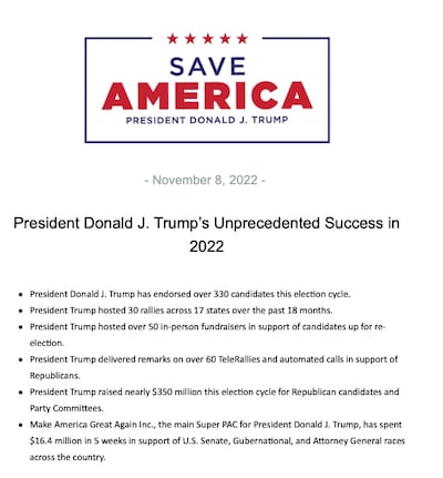 Donald Trump sent this memo to supporters on election day. Photo: Screengrab