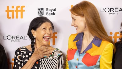 Alanis Obomsawin and Jessica Chastain attend the 2021 Tiff Tribute Awards press conference in Toronto, Canada. AFP