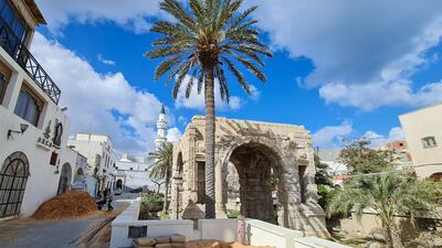 An infrastructure restoration project near the Roman Arch of Marcus Aurelius and Gurgi Mosque in Libyan capital Tripoli's Old City. AFP