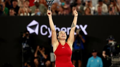 Aryna Sabalenka celebrates after beating Qinwen Zheng. Reuters