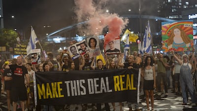 Protesters demanding Israeli Prime Minister Benjamin Netanyahu accept a ceasefire deal rally in Tel Aviv on September 4. Bloomberg