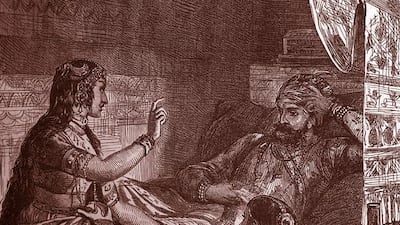 Scheherazade relating her first story to the Sultan. From Dalziels’s Illustrated Arabian Nights. Culture Club / Getty Images