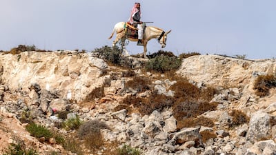 A man on his donkey watches from a hilltop as Israeli forces carry out a demolition on a Palestinian building, in Qalandia, the occupied West Bank. AFP