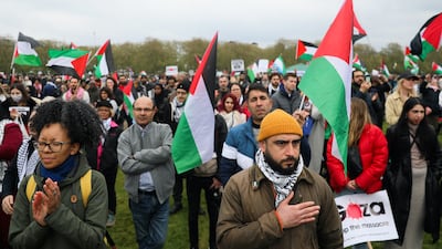 Protesters gather in Hyde Park in solidarity with Palestine on April 27 in London, England. Getty Images