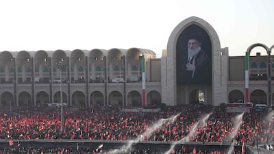 Mourners gather at the Grand Mosalla to pay their final respects to Iran's slain supreme leader Ayatollah Ali Khamenei in Tehran. AFP