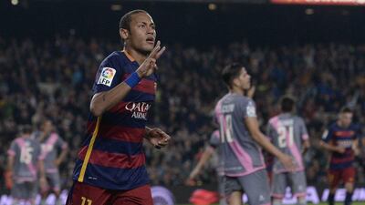 Barcelona’s Neymar celebrates his third goal at the Camp Nou on Saturday night in a 5-2 La Liga victory over Rayo Vallecano. Josep Lago / AFP