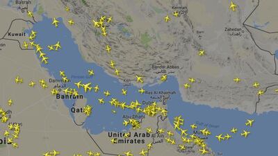 A screengrab from flightradar24.com of air traffic in the Arabian Gulf at 12.30 pm on October 18. Flight Radar