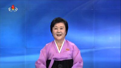 A screen grab taken from North Korean broadcaster KCTV in Pyongyang on September 9, 2016 shows KCTV presenter Ri Chun-hee officially announcing that the country successfully tested a nuclear warhead earlier in the day. The veteran presenter has been first took to the airwaves in 1971. KCTV / AFP Photo